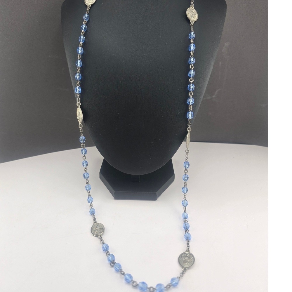Vintage Estate Rosary Necklace Blue Faceted Glass Beads Mater Dolorosa 32in